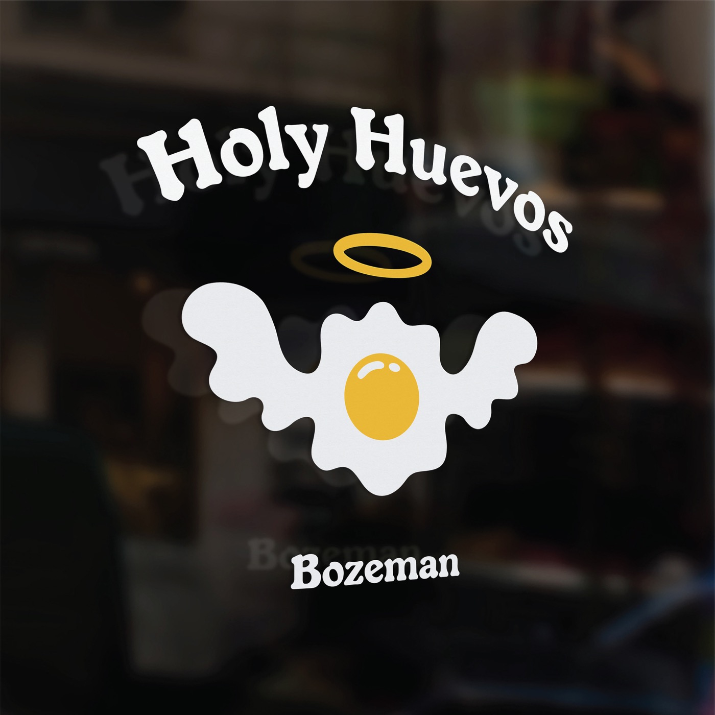 Holy Huevos logo on dark storefront background